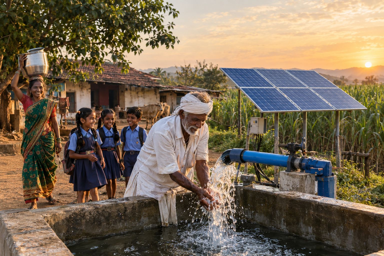 A solar water pump filling a village water tank at sunset