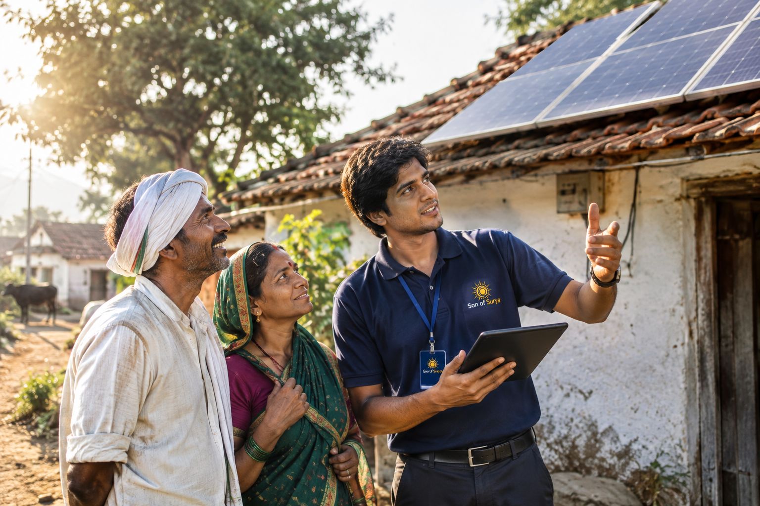 A Son of Surya advisor explaining rooftop solar to a farming couple