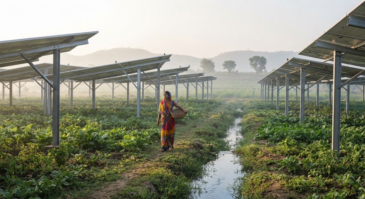 A farmer walking between raised solar panels and vegetable crops (agrivoltaics)