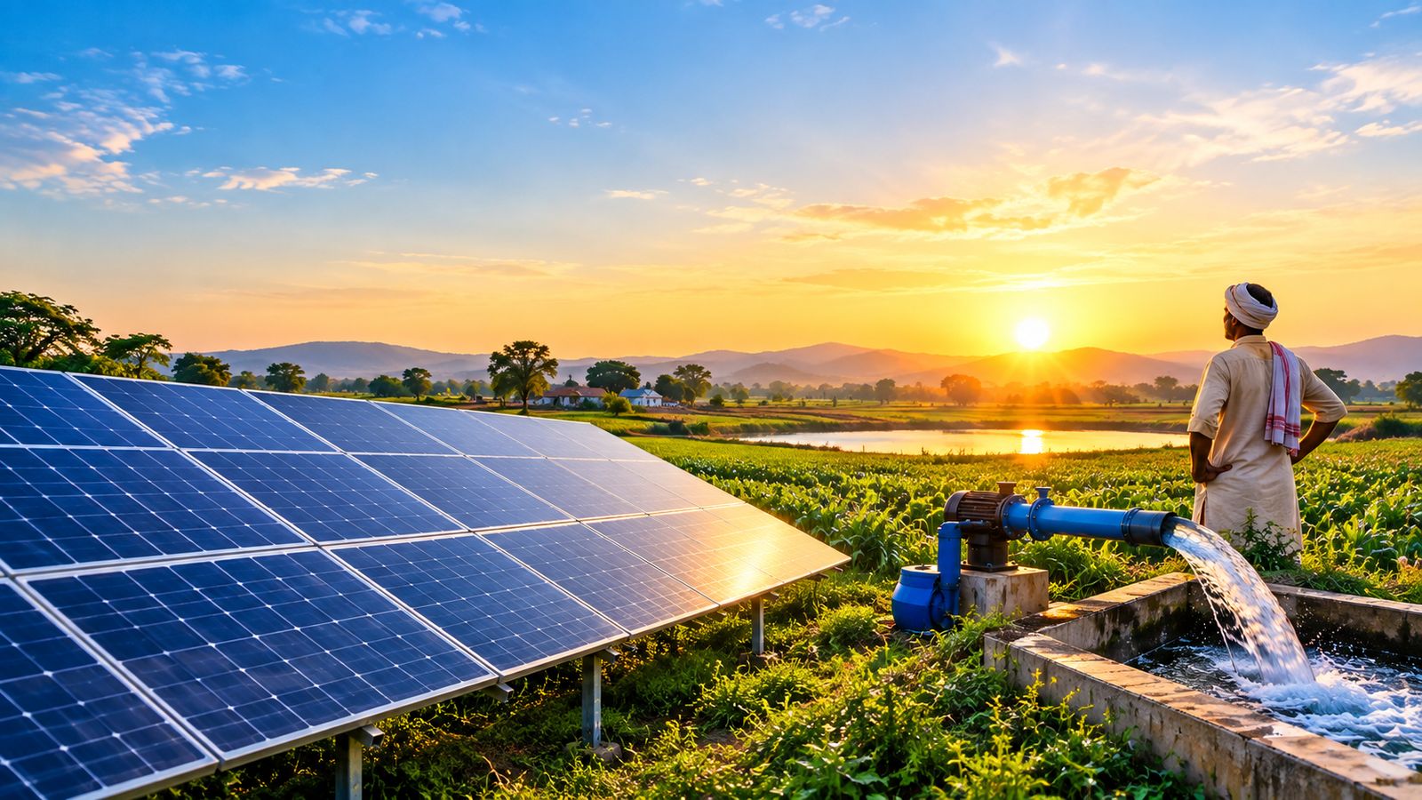 A farmer watching a solar pump irrigate his field at sunset